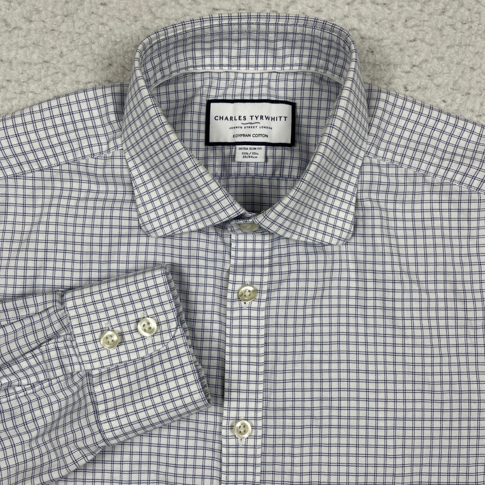 Charles Tyrwhitt Shirt Mens 15.5 33 White Blue Extra Slim Fit Egyptian Cotton
